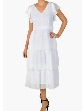 Julia Jordan Tiered Flutter Sleeves Textured Midi Dress - Ivory - Size 4